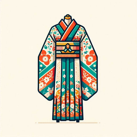 Korean traditional costume Kimono. Vector illustration in vintage style.のイラスト素材