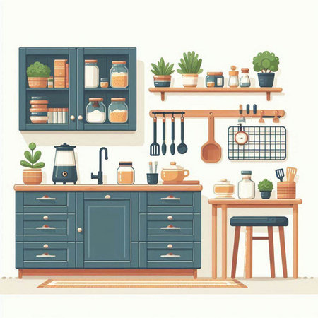 Kitchen interior with furniture and accessories. Vector illustration in flat styleのイラスト素材