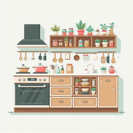 Kitchen interior with furniture. Vector illustration in flat design style.のイラスト素材