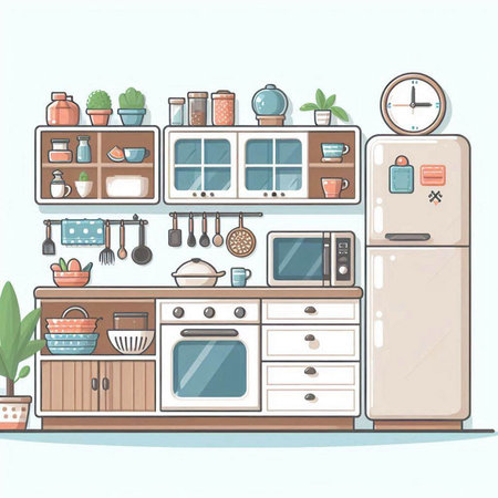 Kitchen interior with furniture and kitchenware. Vector illustration in cartoon style.のイラスト素材