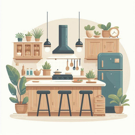 Kitchen interior with furniture and kitchenware. Vector illustration in flat styleのイラスト素材