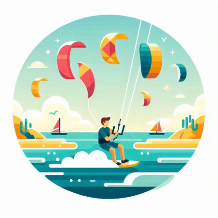 Kitesurfing. Vector illustration in a flat style. The concept of extreme sports.のイラスト素材