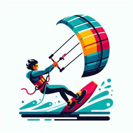 Kitesurfing sport vector illustration. Man riding a kite on the wavesのイラスト素材