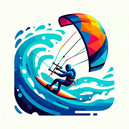 Kite surfing vector illustration. Man riding a kite on the waves.のイラスト素材