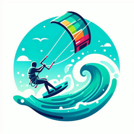 Kitesurfing vector illustration. Kitesurfer rides a wave.のイラスト素材