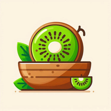 Kiwi fruit in wooden bowl. Vector illustration in flat styleのイラスト素材