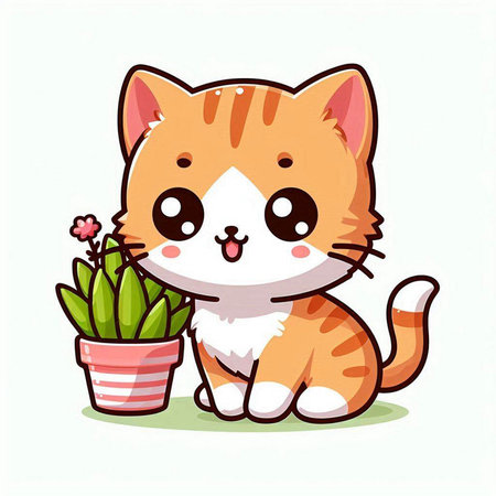 Cute cat with flower in pot. Vector cartoon character illustration.のイラスト素材