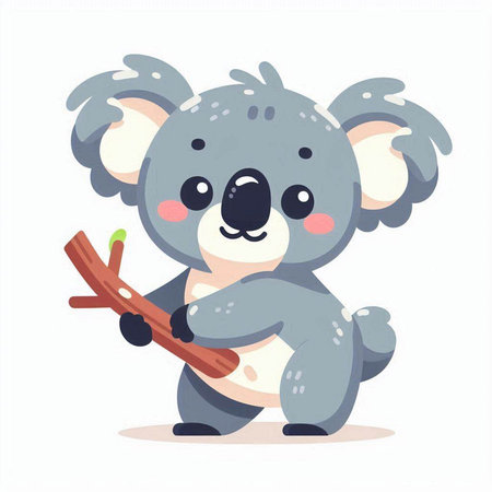 Cute koala holding a wooden stick. Vector illustration in cartoon style.のイラスト素材