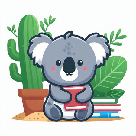 Cute koala with books and cactus. Vector illustration.のイラスト素材