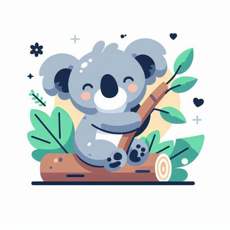Cute koala sitting on a log. Vector illustration in flat style.のイラスト素材