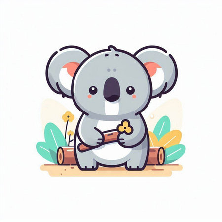 Cute koala with a log. Vector illustration in cartoon style.のイラスト素材