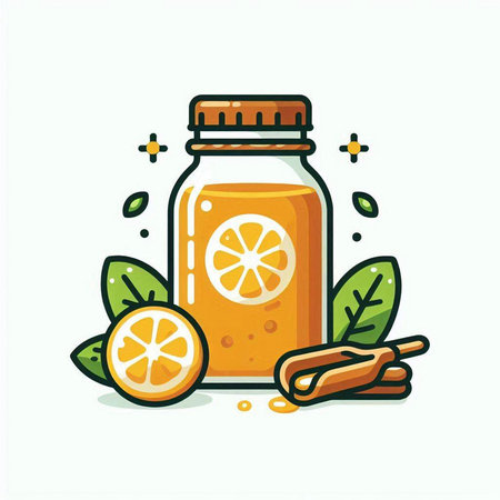 Orange juice in a glass jar with cinnamon sticks. Vector illustration.のイラスト素材