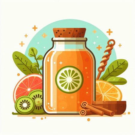 Jar of lemonade with cinnamon, orange and lime. Vector illustration.のイラスト素材