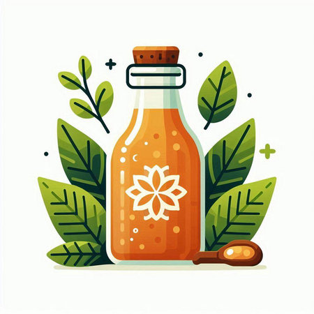 Bottle with natural essential oil and green leaves. Vector illustration.のイラスト素材