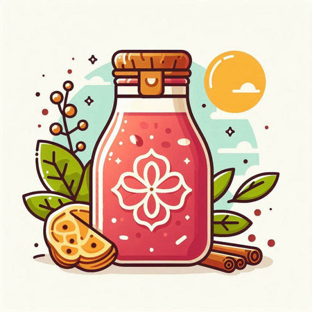Hand drawn vector illustration of a jar of homemade scrub with flowers, leaves and cinnamon sticks.のイラスト素材
