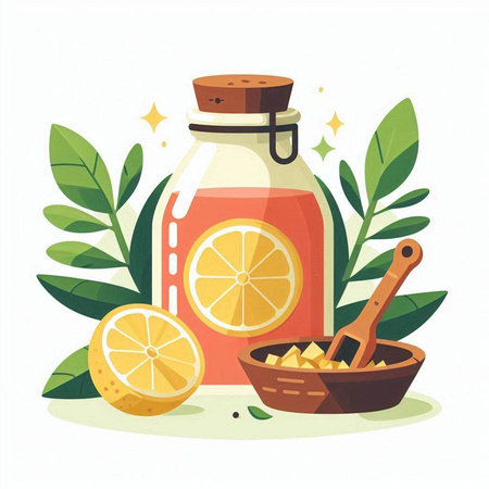 Lemonade in bottle with wooden spoon and bowl of lemon slices. Vector illustrationのイラスト素材