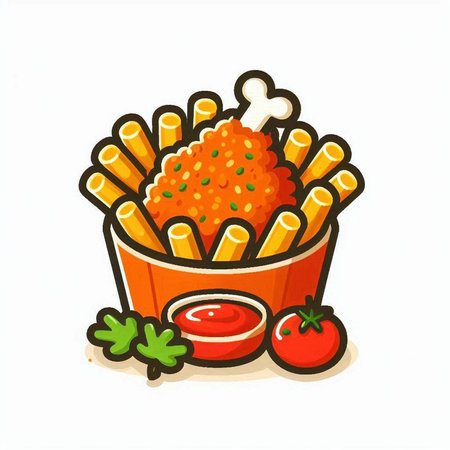 Illustration of french fries with ketchup, tomato and parsleyのイラスト素材
