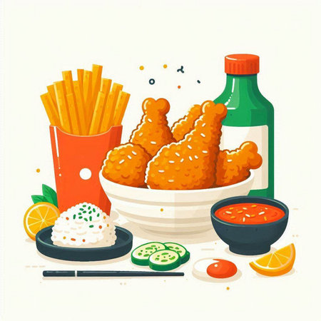 Illustration of fried chicken with sauce and vegetables on white background.のイラスト素材
