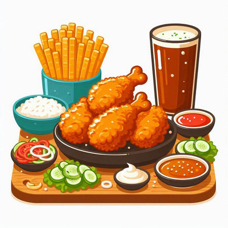 Illustration of fried chicken drumsticks, french fries and beer.のイラスト素材