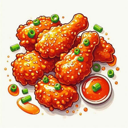 Illustration of fried chicken wings with tomato sauce and sesame seedsのイラスト素材