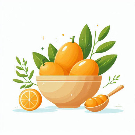 Fresh ripe kumquat fruits in a bowl. Vector illustration.のイラスト素材