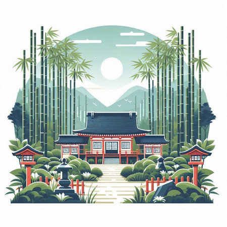 Traditional chinese architecture in the bamboo forest. Vector illustration for your designのイラスト素材
