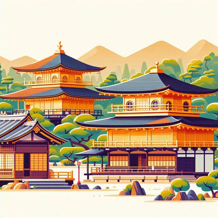 Korean traditional house with pagoda. Vector illustration in retro style.のイラスト素材