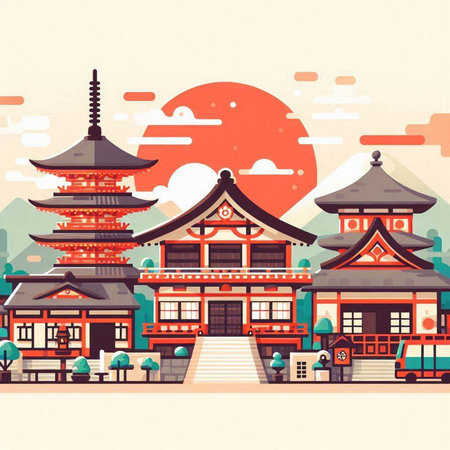 Traditional japanese architecture, vector illustration in flat style. Traditional temple in Japan.のイラスト素材