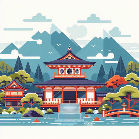 Japanese temple in the mountains. Vector illustration in flat cartoon style.のイラスト素材