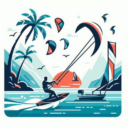 Kitesurfing in the sea. Vector illustration in retro styleのイラスト素材