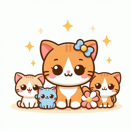 cute cat with her family over white background, colorful design. vector illustrationのイラスト素材