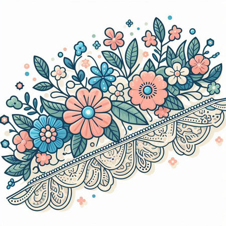Floral paisley border with flowers and leaves. Vector illustration.のイラスト素材