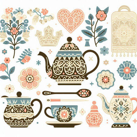 Cute hand drawn vector set of tea pots, teapots, cups, flowers and other elements.のイラスト素材