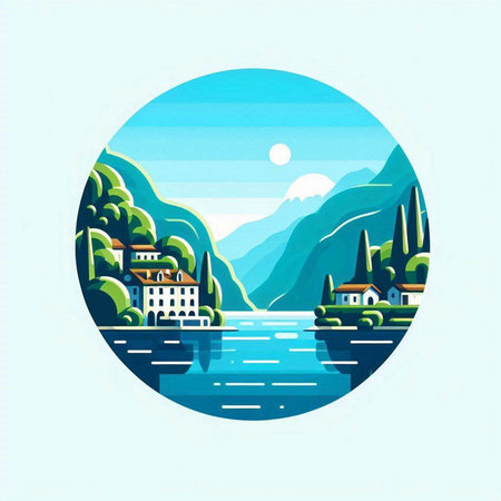 landscape with mountains, river and houses in the circle, vector illustrationのイラスト素材