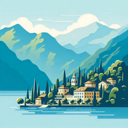 Beautiful view of the Lake Como in Italy. Vector illustrationのイラスト素材