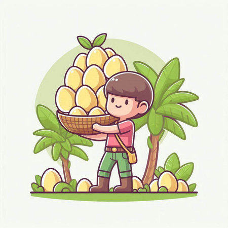 Cute cartoon boy carrying a basket of mangoes. Vector illustration.のイラスト素材