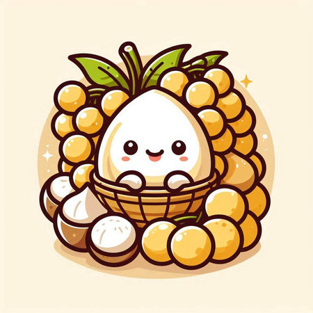 Cute cartoon character of longan fruit in a basket. Vector illustration.のイラスト素材