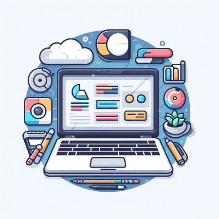 Flat design vector illustration concept of cloud computing technology. Laptop, mobile phone, laptop and office supplies.のイラスト素材