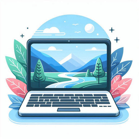 Laptop with nature landscape on screen. Flat style vector illustration.のイラスト素材