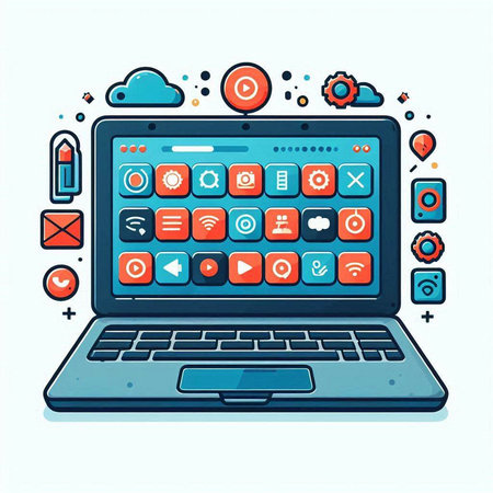 Laptop computer with social media icons. Vector illustration in flat styleのイラスト素材