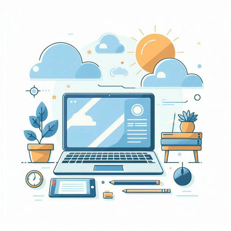 Flat line design modern vector illustration concept of cloud computing and online education.のイラスト素材