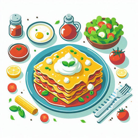 Illustration of lasagna on a plate with ingredients for cooking.のイラスト素材