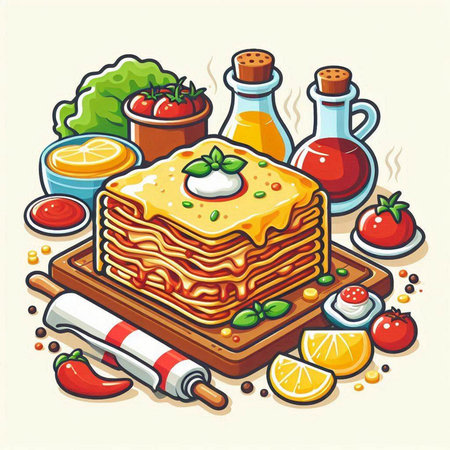 Illustration of lasagna on a cutting board with ingredients for cookingのイラスト素材