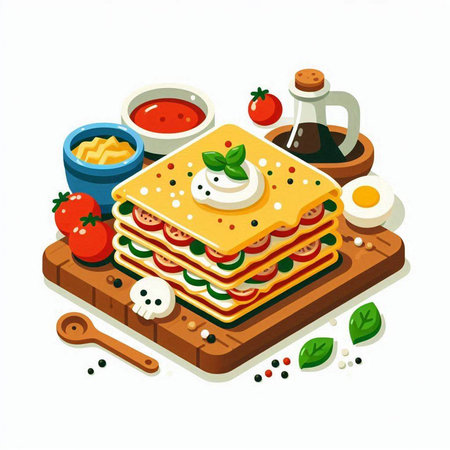Illustration of lasagna with tomato, mozzarella cheese and basilのイラスト素材