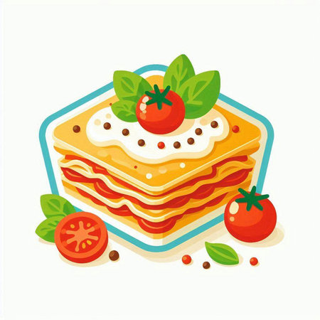Illustration of lasagna with tomato and basil on a white backgroundのイラスト素材