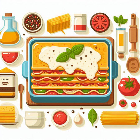 Illustration of a lasagna with ingredients on a white background.のイラスト素材