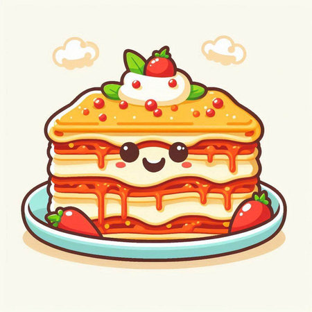 Cute pancake cake kawaii cartoon character vector illustration.のイラスト素材