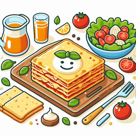 Illustration of a plate of lasagna with cheese, tomato and basilのイラスト素材