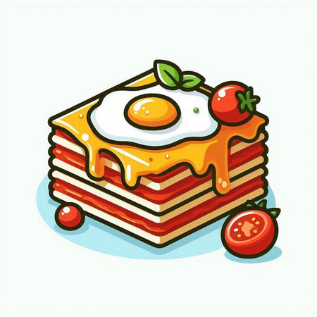 Illustration of a stack of pancakes with egg, tomato and honeyのイラスト素材
