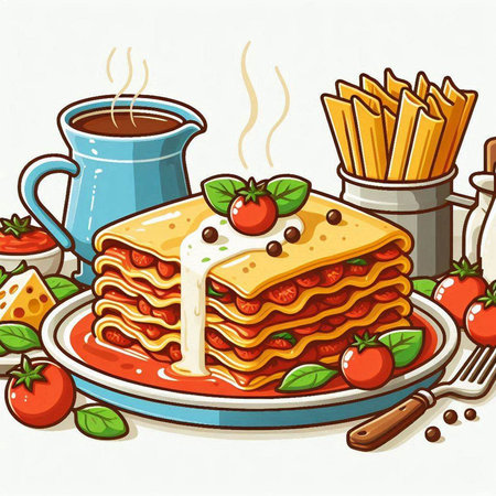 Illustration of a stack of lasagna with a cup of coffeeのイラスト素材